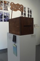 The Amazing Problem Box, 2026, wood, magnets, antique doorknobs, pencil, paper, 22 x 10 x 18 in.