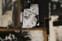 Ali Masoumzadeh, Headless, Renewed (detail), 2025, Painting and drawing installation with mechanically rotating panels, 10 × 10 × 8 feet