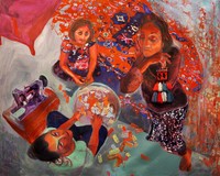 The carpet grew like a garden, 2020, oil on canvas, objects, 67 x 55 inches