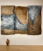Revival, 2023, paper, flax, kozo, and denim fiber, each of three panels 35 x 69.5 in.