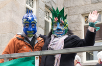 Father Ocean Mask (left) created by Jim Kay in 2015 and awarded to Joe Lopez for his contributions to the environment.