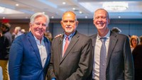 Left to right: UMass President Marty Meehan, Charlton College of Business Dean Madan Annavarjula, and UMass Dartmouth Chancellor Mark Fuller.