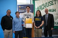Jack Greene with previous Founders' Scholarship recipients Zachary Gay and Molly Gedutis, his high school principal, and Chancellor Fuller
