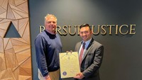 MA Rep. Chris Markey (left) awards citation to 3L Timothy Trocchio