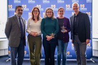 Dr. Nefeli Bompoti, Dr. Sarah Donelan, and Dr. Katrina Velle pictured after receiving the Rising Stars Award, joined by Dr. Ramprasad Balasubramanian and Chancellor Mark Fuller.