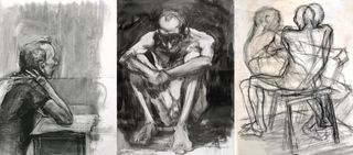 Image for the publicity; image credits (from left): David Burr: Ira, 2014, charcoal on paper, 40” x 30” Kim Gatesman: Seated Ira, 2004, litho crayon on mylar, 36x24 Bhen Alan: Drawing of Ira, 2018, charcoal on paper, 40