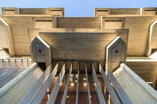 The brutalist exterior of the Claire T. Carney Library 