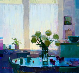 Aimee Erickson, Late Morning with Tulips, 2025, oil on canvas panel, 22 x 24 in.