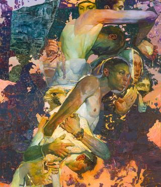 The Weight of the World (detail), 2024, oil on canvas, 40 x 104 in.