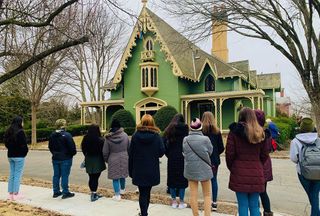 Students in Professor Pamela Karimi's class, Modern Architecture: A Global History, on a tour of architectural styles of New Bedford. Tour was spearheaded by Karimi and the New Bedford Historical Society.