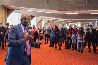 Chancellor Robert E. Johnson greets students, faculty, staff.
