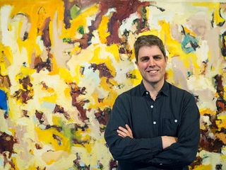 Robert Najlis in front of my painting: Cascading Lines of Sympathetic Vibrations, Home in a Home