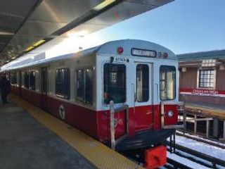 A stopped MBTA train