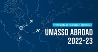 Map graphic showing where UMass Dartmouth students studied abroad in the 2022-23 academic year