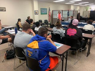 Lisa Jochim speaks to students in a classroom