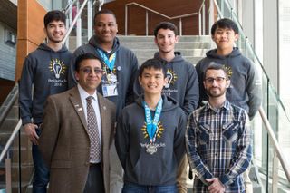 Group photo of 2018 PerkinsHacks winning team with the dean and advisor