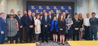 Offshore wind grant recipients from UMass Dartmouth and eight other institutions gathered with Governor Charlie Baker and Lt. Gov. Karyn Polito