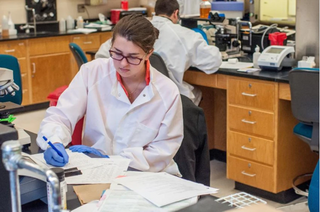 student in lab writing