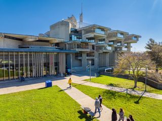 Aerial shot of the library in fall