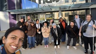 UMass Dartmouth students gathered outside the GBH building