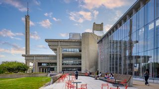The library patio with the campanile in the background