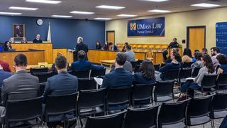 An attorney presents his oral argument in UMass Law's Francis J. Larkin Moot Court Room