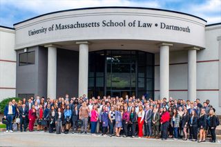 1L Class of 2027 pictured outside the Law School after the first day of orientation