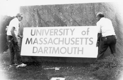 1991 - Installation of the new University of Massachusetts Dartmouth sign, 1991