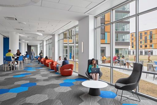 Students in one of the gathering lounges in Balsam Hall