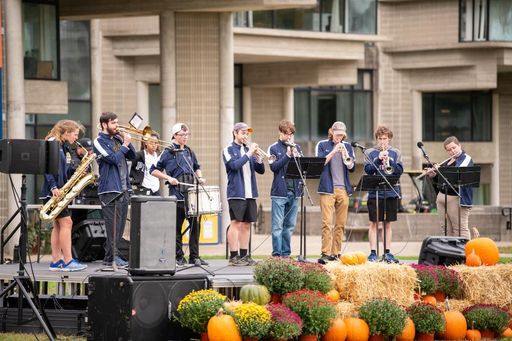 The Pep Band performs on the campus quad at Blue & Gold Weekend in the Fall of 2021