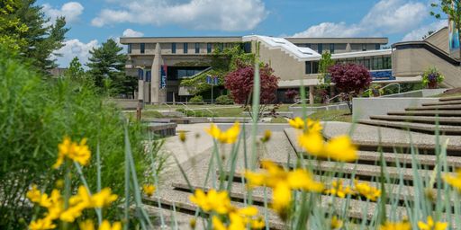 Liberal Arts building (LARTS) with yellow flower in foreground