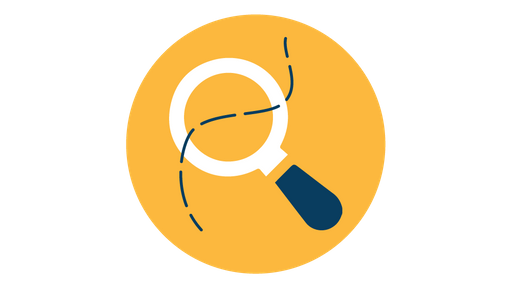 Magnifying glass in a yellow circle with a dotted line running through both, representing a road or pathway.