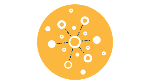 White circles and dots connected by navy dotted lines all in a yellow circle.