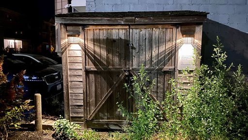 Motion-sensored, solar-powered lighting on the park shed, which was installed by IA+D students and purchased using the Wicked Cool Places grant funds
