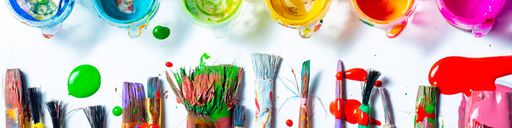 Row Of Messy Colorful Paint Brushes And Containers On Isolated White Background