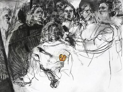 Group Cut, 2014, charcoal and watercolor on paper, 54” x 70”