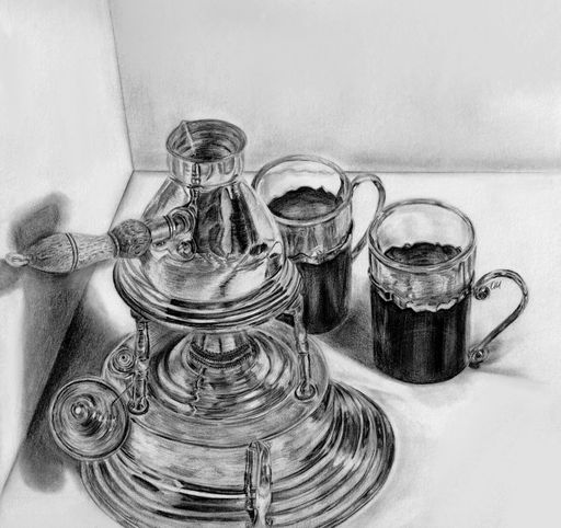 People's Choice Award: Adham Hussein, Idle Coffee Set, 2020, graphite on paper