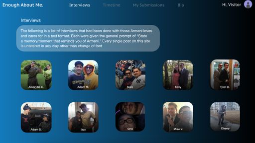 Enough About Me, 2021, interviews page of the prototype site with a preview of the individual with armani in a photo, 1200 x 1080 pixels