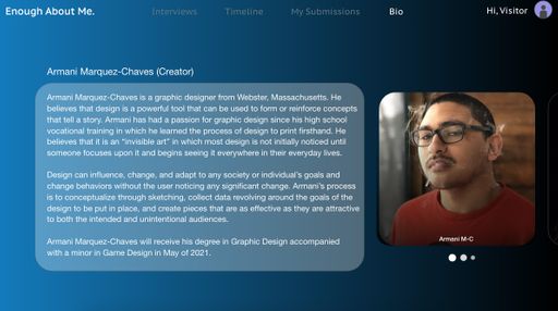 Enough About Me, 2021, bio page of the prototype site showing how an account for the site may appear, 1200 x 1080 pixels
