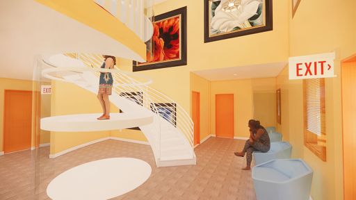 Reception, 2021, reception with spiral stair art gallery