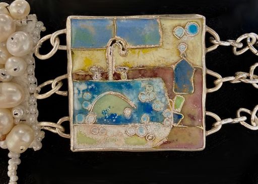 Dirty Dishes (detail), 2021, cloisonne enamel,sterling silver, freshwater and man made pearls, mixed materials