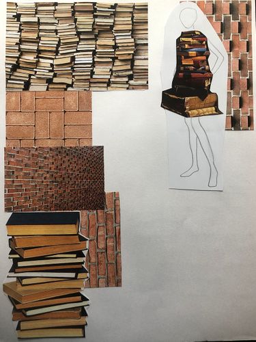 Notebook Process, 2021, An example of the collaging that takes place during inspiration research. Images are placed together, and even on croquis to create texture, silhouette, and fabrication.
