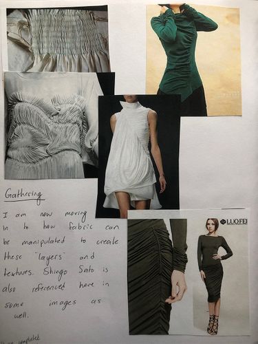 Notebook Process #2, 2021, A notebook example of visual imagery that is generated through research. Fabric Manipulation is a technique used to create visual texture on garments.