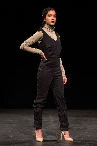 Two-Toned Shirred Dress, 2021, Made from French terry, the dress was cut along a line and shirred along the seam. Elongated sleeves create a scrunched effect.