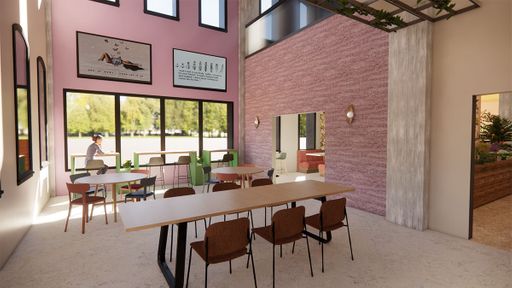 Community Dining Room, 2021, designed dining and seating area