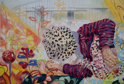 I See You (detail), 2022, oil on canvas with multimedia, 36 x 60 in