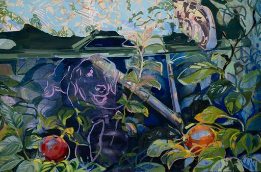 I See You (detail), 2022, oil on canvas with multimedia, 36 x 60 in