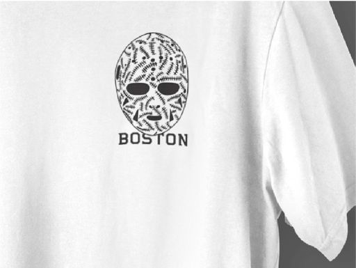 Cheevers, 2022, Boston Hockey front t-shirt design closeup of famed goalie Gerry Cheevers mask, 3 x 3.5 in