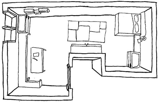 Top Down Bedroom Sketch, 2022, this sketch shows a more updated top down version of bedroom layouts