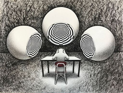 Honorable Mention: Leah Kinnon, Test Day, 2022, colored pencil, charcoal, printed digital art, 8.5 x 11 in.